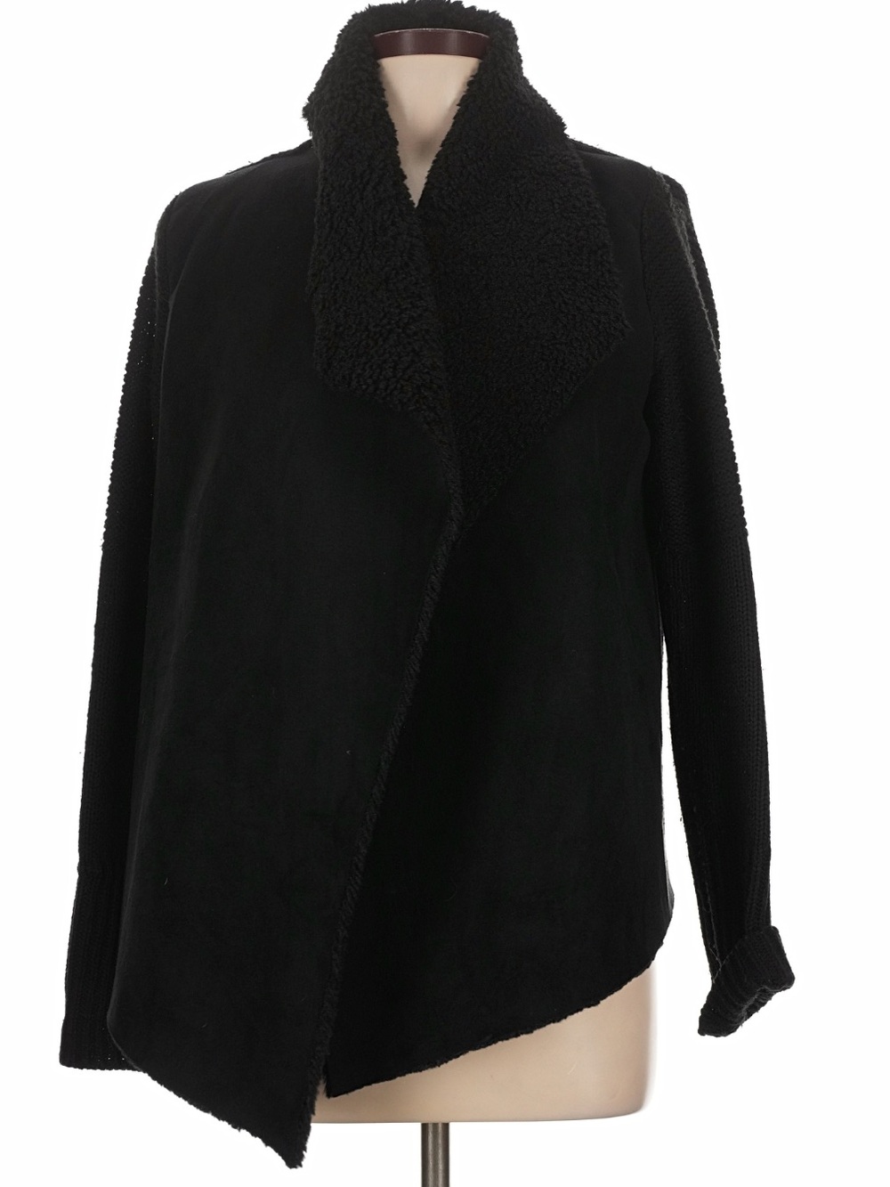 Chelsea & Theodore asymmetric Open-Front Sherpa Suede lapel Collar knit Cardigan